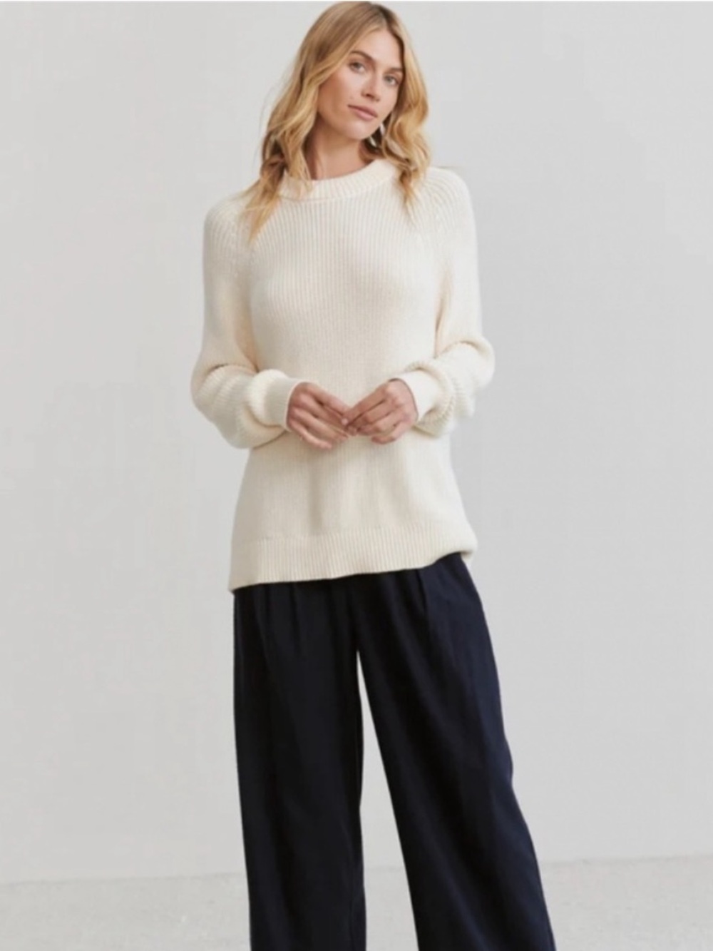 Jenni Kayne Ivory Oversized Cotton Fisherman Ribbed Crewneck Sweater Sz Large